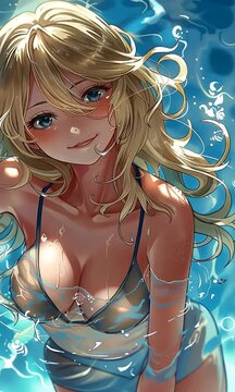 D&eacute;zoome sur une manga fille blonde dans une piscine, sc&egrave;ne lumineuse et color&eacute;e avec des d&eacute;tails stylis&eacute;s, ambiance estivale relaxante avec une touche artistique douce et aquatique
