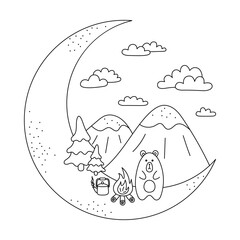 Bear and Mountains on a Crescent Moon. Mountain and moon patch in line art style. For printing on mugs and T-shirts. Black outline on white background. Nature and travel concept. Vector illustration.