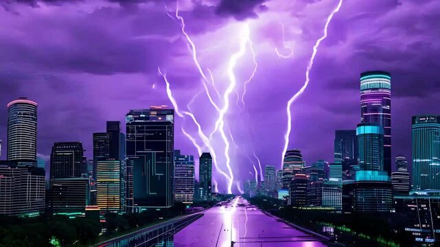 Lightening strikes over a cityscape