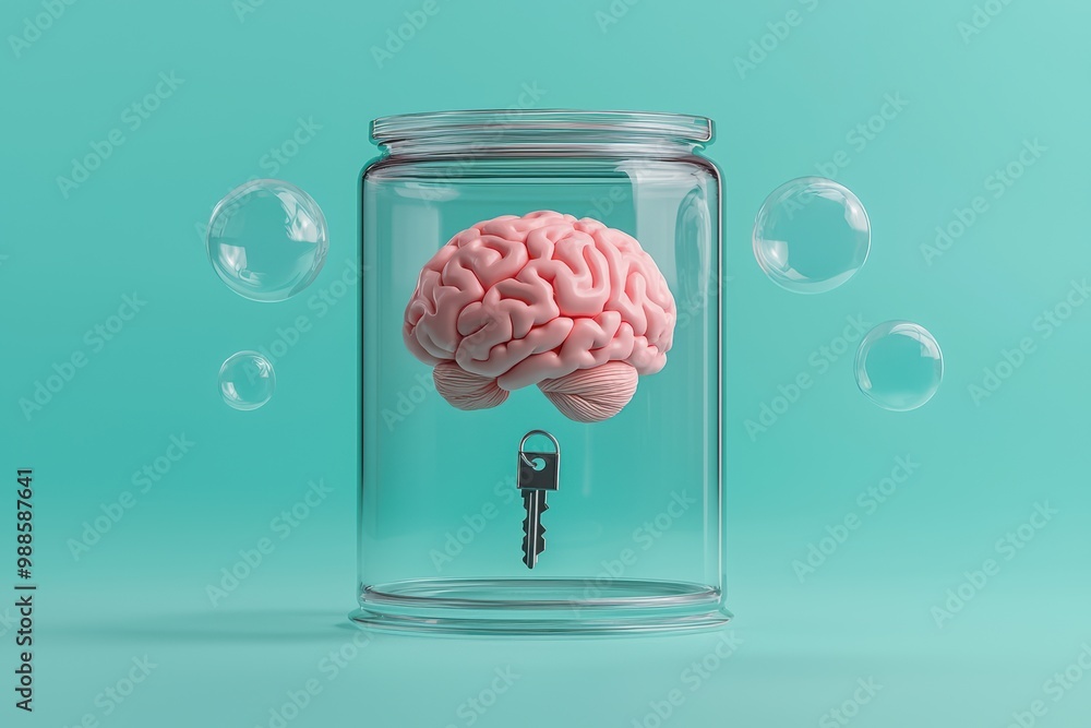 Poster a brain in a jar with a key, surrounded by bubbles, against a turquoise background.
