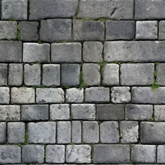 Obraz premium Grey Old Stone Pavement Top View, Granite Cobblestone Road, Green Moss, Wet Surface