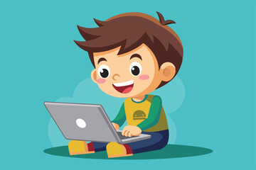 A happy cartoon boy is joyfully using his laptop on the floor in a vibrant setting, a cartoon character of a Cute boy using laptop