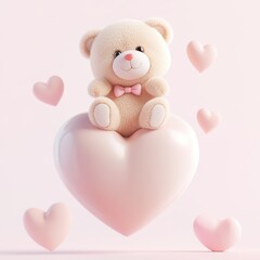 Obraz premium Adorable teddy bear sitting on a pink heart, surrounded by smaller hearts, soft pastel colors.