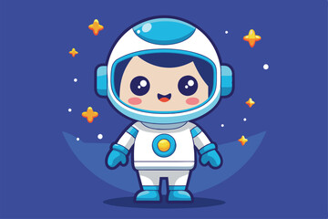 Fototapeta premium A cheerful astronaut character stands amidst twinkling stars in a vibrant galaxy, a cartoon character of a Cute cartoon astronaut.