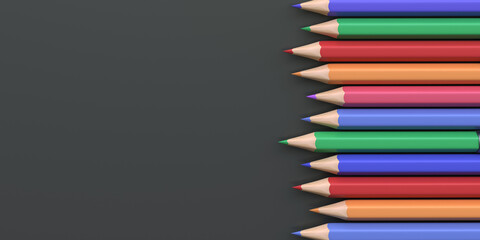 Fototapeta premium Colorful colored pencils on a black background, 3D render. Education, learning or art concept