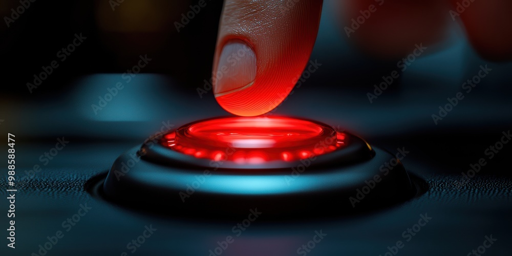 Poster close-up of a finger pressing a glowing red button on a sleek device.