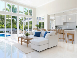 interior white sitting room and kitchen