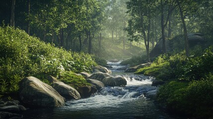 Obraz premium A secluded mountain stream flowing through a dense, green forest, with the sound of the water echoing in the peaceful surroundings.