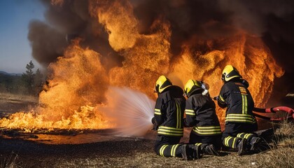 Obraz premium Team of firefighters extinguishing blazing flames 