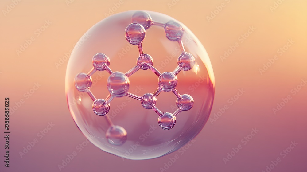 Poster a 3d rendering of a molecule structure inside a transparent sphere.