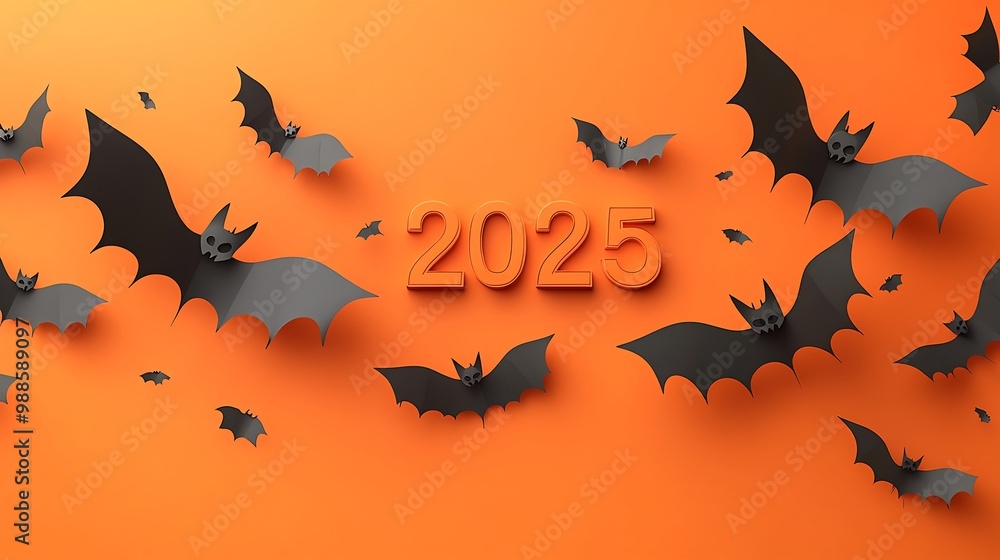 Poster orange minimalistic background the word 2025 displayed in hanging letters surrounded by playful bats