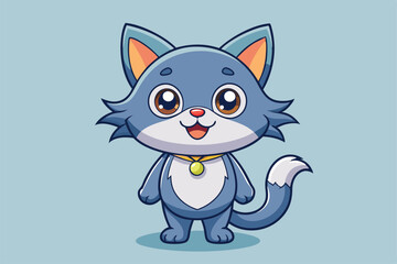 Obraz premium A cute cartoon cat with big eyes and a necklace stands joyfully on a soft blue backdrop, a cartoon character of a cute cats