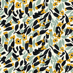 Modern printed fabric wildflower blockprint pattern with linen fabric textures. Stylized hand drawn boho dark florals for decorative design elements in repeatable background tile.