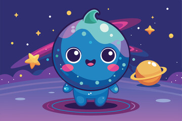 A delightful galaxy character stands happily amidst colorful stars and planets in the night sky, a cartoon character of a Cute Charming galaxy