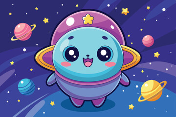 A cheerful galaxy character enjoys a delightful adventure surrounded by vibrant planets and stars, a cartoon character of a Cute Charming galaxy