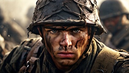 Obraz premium A close-up of a soldier with war paint on his face, looking intensely ahead during a battlefield scene. His eyes convey focus and determination, with mud and grime adding to the raw, gritty depiction