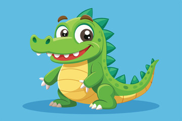 Fototapeta premium A friendly crocodile character stands joyfully with a big smile, showcasing its playful nature, a cartoon character of a Cute crocodile cartoon