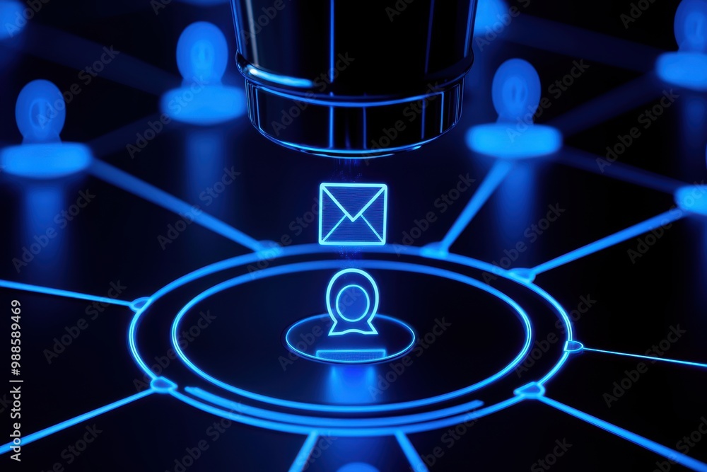 Poster email communication network with glowing icons on a dark background.