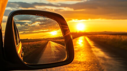 A sunset seen through a car's rearview mirror.