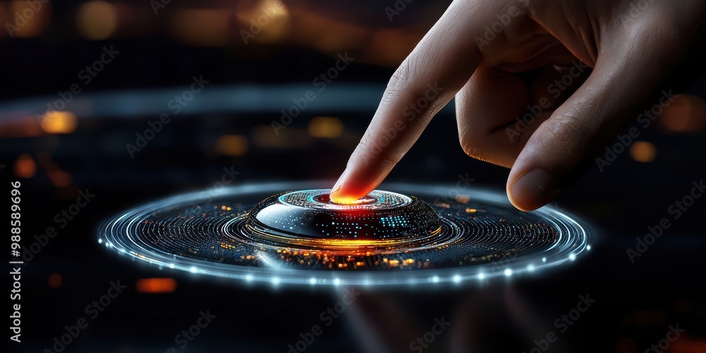 Poster futuristic interface with finger touching a glowing button, dark background