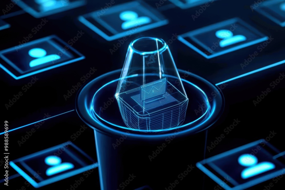 Aufkleber futuristic interface with holographic voting box and user profiles.