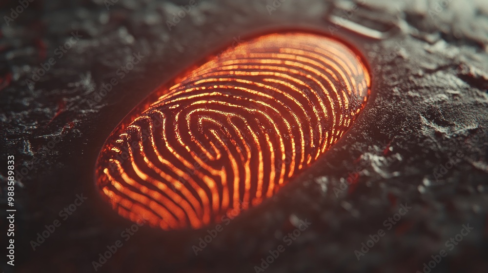 Poster futuristic fingerprint scan on glowing surface, digital identity and security concept.