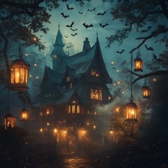 halloween night with castle. Beautiful old mansion. Lots of night lights. photo