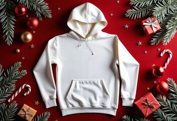 christmas tree and white hoodie mockup on red background