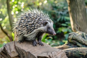 African crested porcupine is standing on a rock in a forest setting