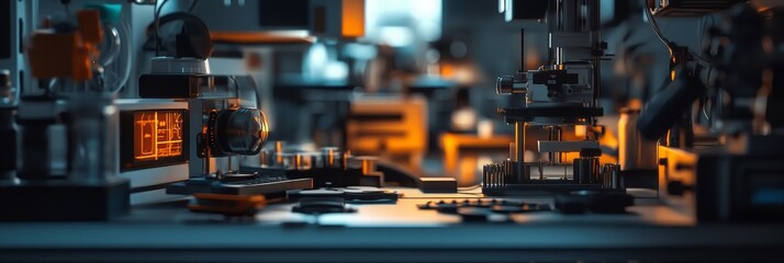 Tech gadget prototype in a blurred design lab, showcasing innovative features and sleek lines, embodying cutting-edge technology and creativity