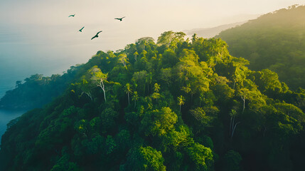 An island covered in dense jungle with exotic birds flying over its canopy under a clear sky.