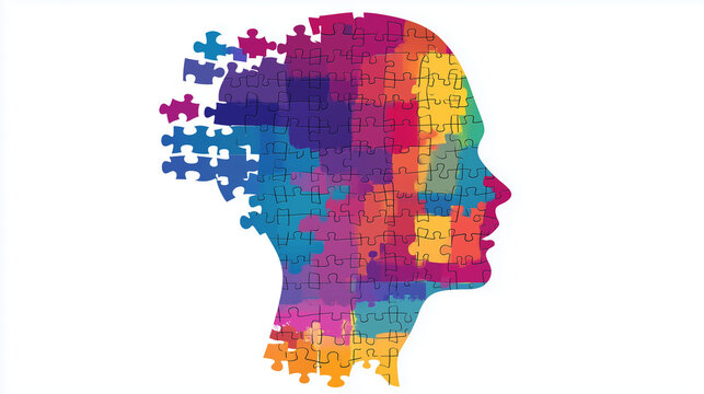 Projekt przedstawiający profil głowy z puzzlami, ukazujący r&oacute;żne aspekty zdrowia psychicznego i zaburzeń osobowości.