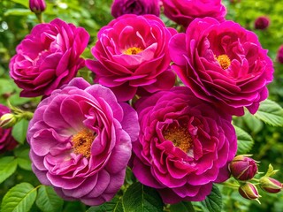 Fototapeta premium A cluster of radiant magenta roses bursts forth with bright yellow stamens, nestled among delicate light green leaves.