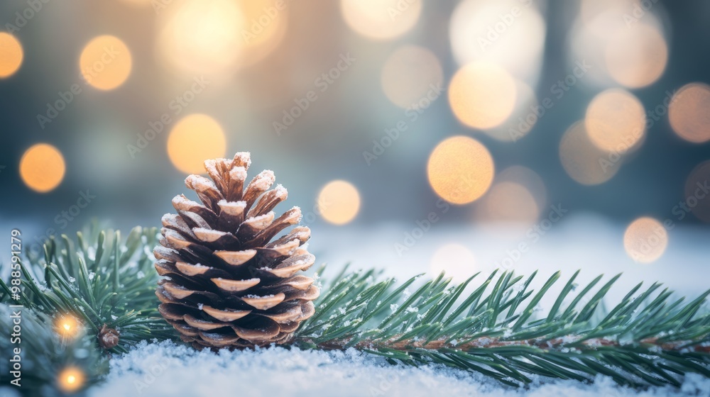 Aufkleber snow-covered pine cone on a spruce branch against a bokeh light background, epitomizing christmas ch