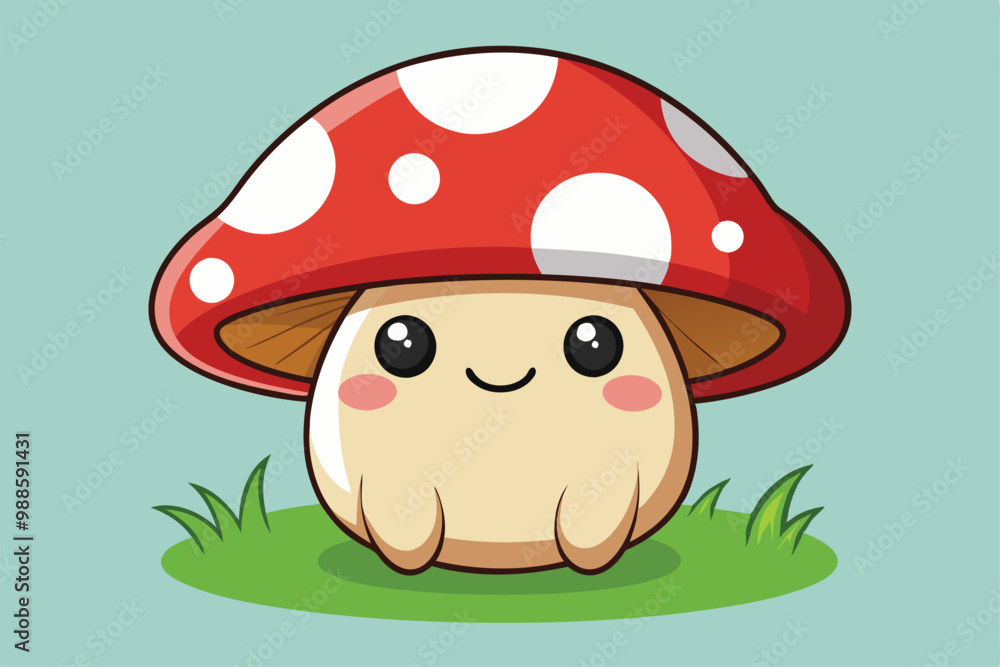 Poster a cheerful mushroom character with a red cap sits happily on a patch of grass in a sunny setting, a 