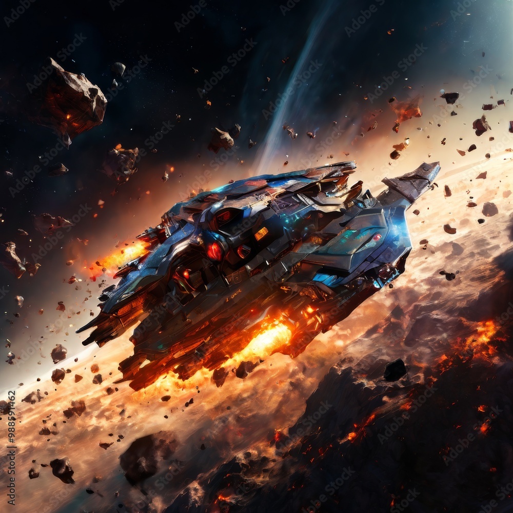 Poster a dynamic sci-fi spaceship flies through an asteroid field, with explosions and debris surrounding i