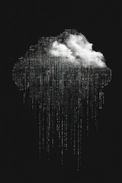 A white cloud formed from binary code raining down on a black background.