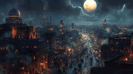 Obraz premium A cityscape with a large moon in the sky