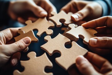 Problem solving as a team for optimum efficiency. Closeup shot of a group of unrecognisable people joining puzzle pieces together, Generative AI