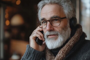 Its so nice to hear from you again. Shot of a mature man talking on a cellphone at home, Generative AI