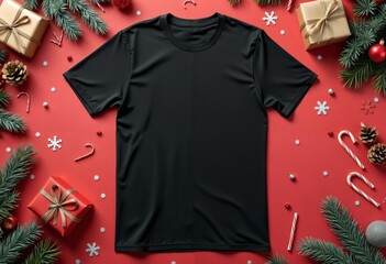 black t-shirt mockup on a red background