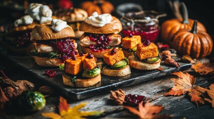 Elegant Thanksgiving appetizer platter featuring turkey sliders, sweet potato crostinis, and roasted brussels sprouts on a rustic table