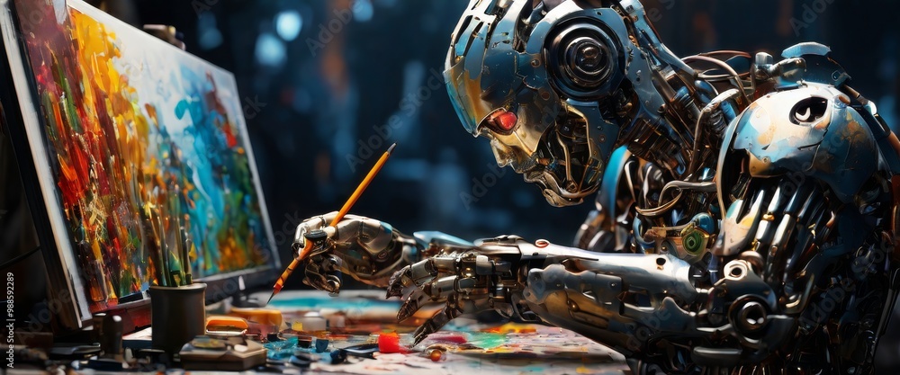 Poster a humanoid robot meticulously paints a colorful and vibrant canvas in a futuristic studio. this imag
