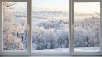 Frosty window view, snow-covered trees and hills outside, soft morning light, large window frame for text placement.