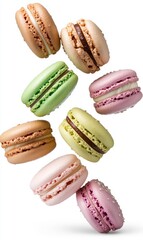 Flying Soft Pastel Color Macarons Isolated on White Background