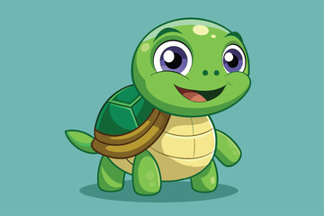 Fototapeta premium A cute turtle with a bright smile enjoys its colorful environment under the sea, a cartoon character of a cute turtle