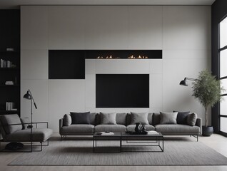A grey theme living room interior design 3d illustration template and interior rendering mockup template.