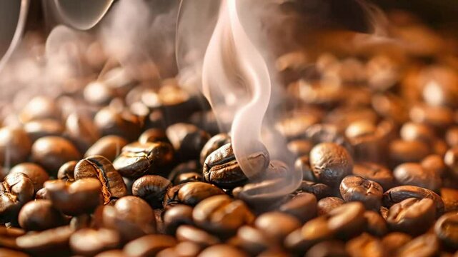 Video of heap of freshly roasted coffee beans with stem. Premium quality blend.
