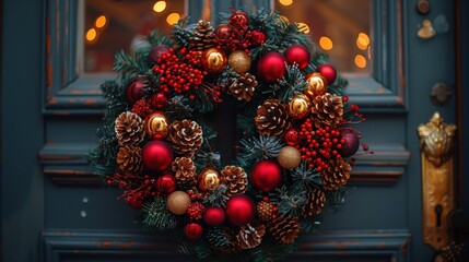 Entrance door with Christmas wreath. Holiday decor. Christmas tree, snowman, garland. Christmas. New Year's card.	
