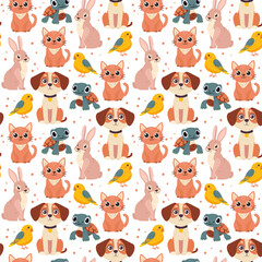 Colorful seamless pattern with Pets. Cute design with pet characters.